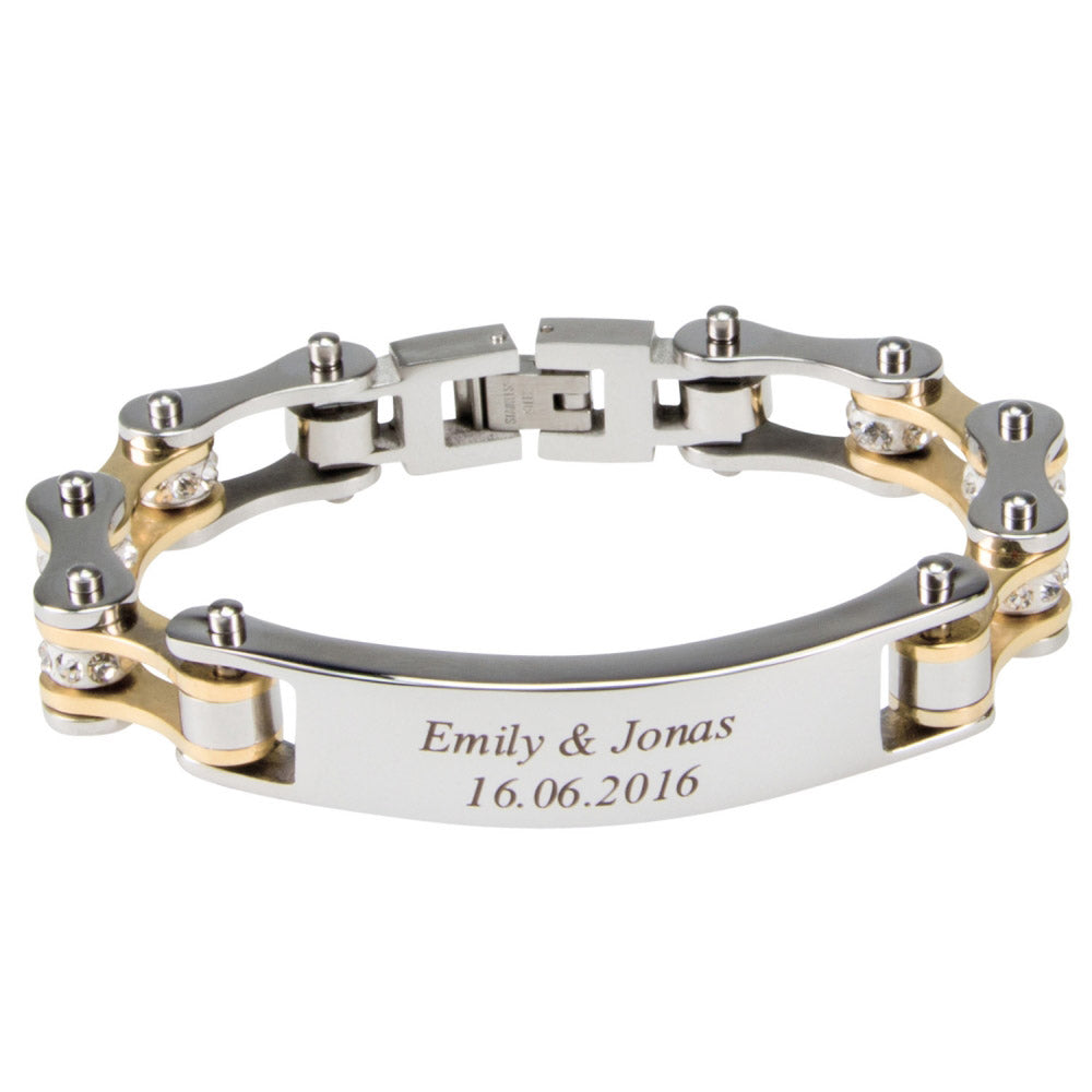 Bracelet gravé chaîne de motard dames or-argent