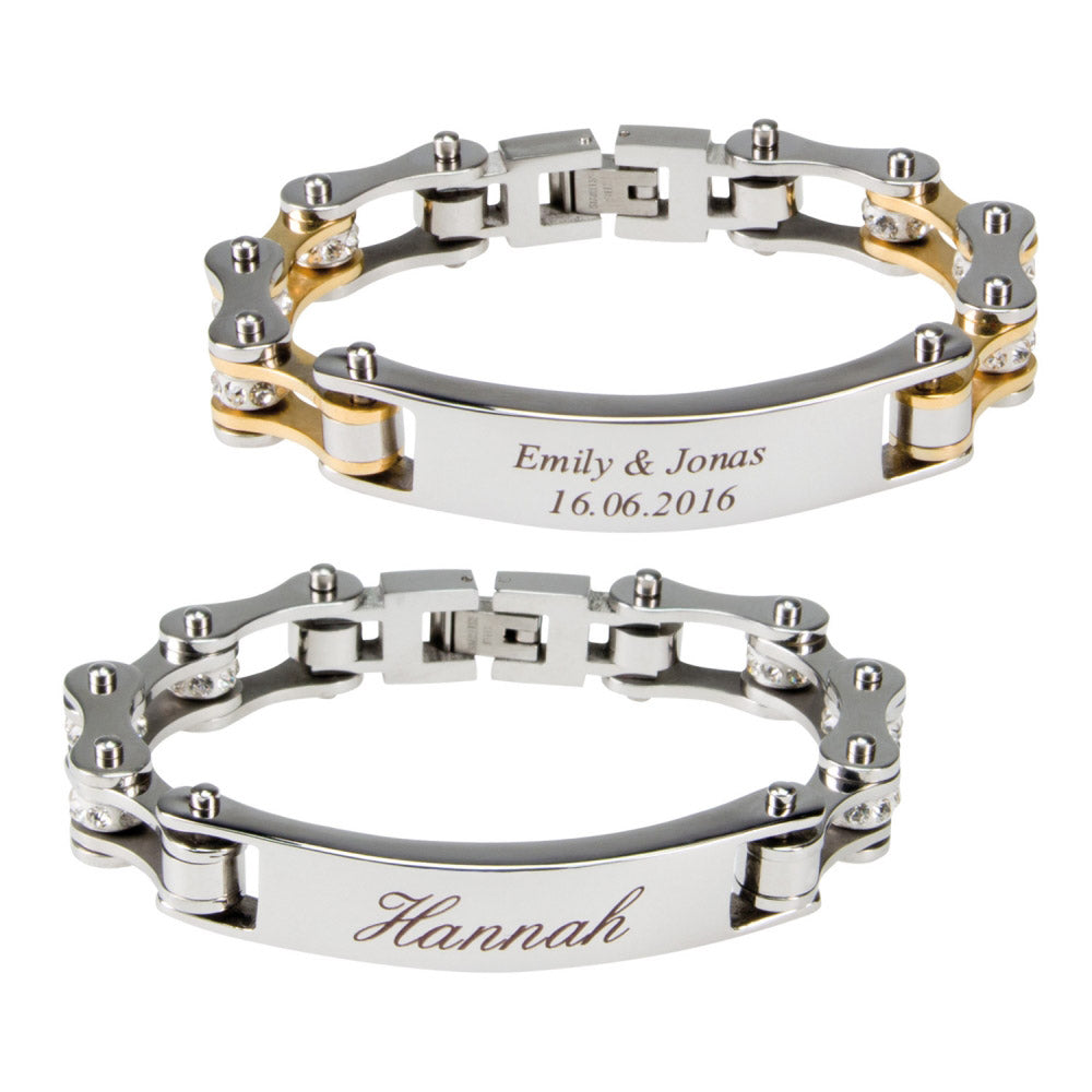 Bracelet gravé chaîne de motard dames or-argent